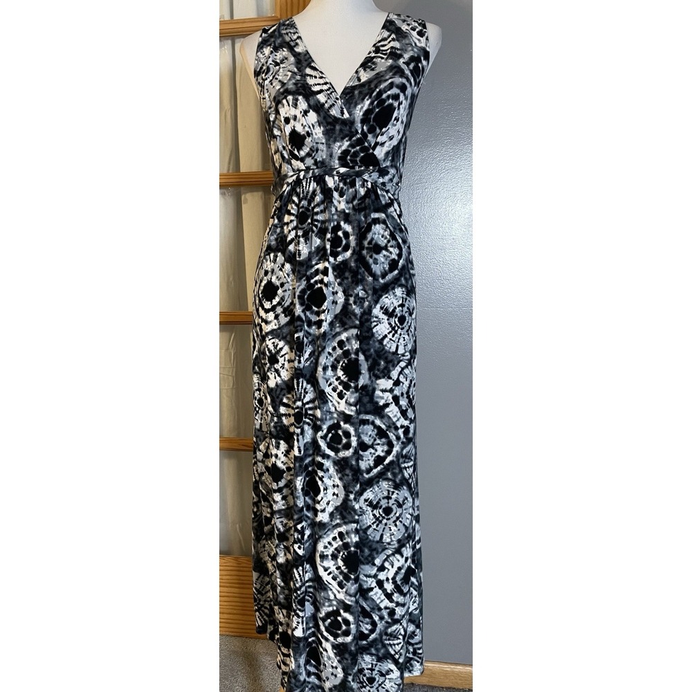 NY Collection Tie Dye Maxi Dress XL Black White V Neck Geometric Beach Boho